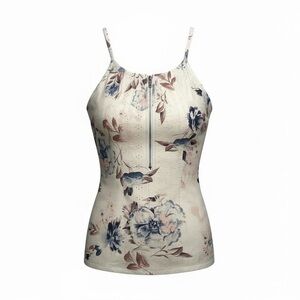 Women’s Auselily Sleeveless 1/4 Zip Cami Floral Blouse With Eyelet Detailing L